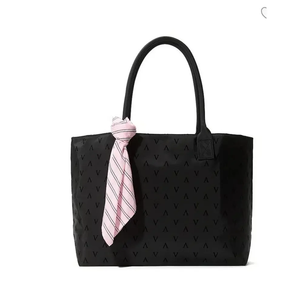 Victoria’s Secret Tote & Scarf Set Black V Logo Pink Accent Bag NWT
